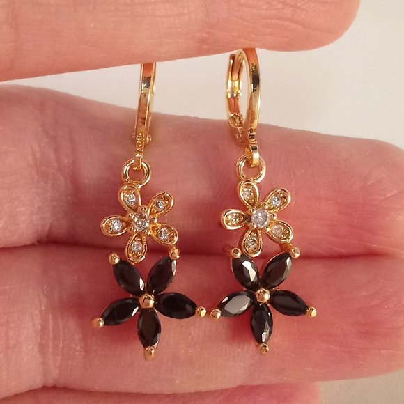 18K Yellow Gold Filled Black Onyx Diamond Zircon Layered Flower Dangle Earrings - Picture 2 of 5